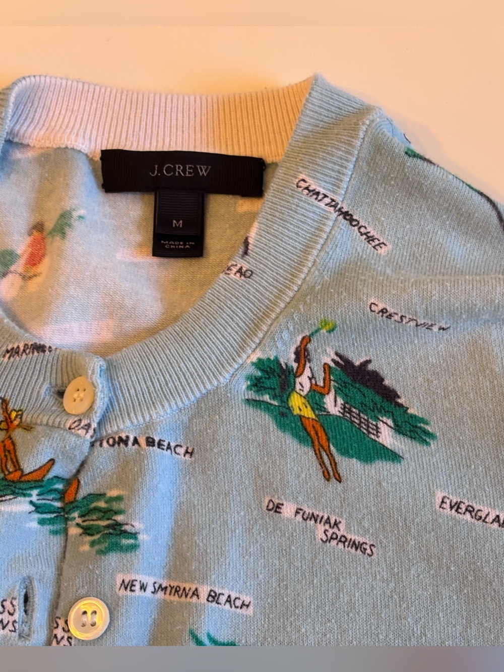 J Crew Retro Florida Travel Map Print Jackie Cardin Sweater, Blue, Medium - Picture 15 of 16